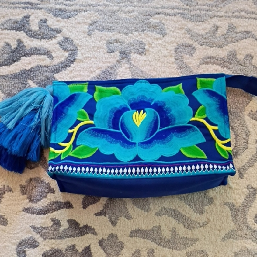 Blue Floral Embroidered Clutch